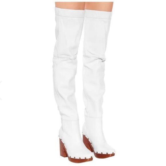 Jacquemus Les Bottes Sabots Hautes Over-the-Knee Boots White Leather Clog Heel U - Picture 6 of 14
